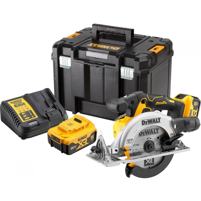 Дискова пила DeWALT DCS565P2 акумуляторна безщіткова діаметр диска 165 мм ємність акумулятора 5 Ач
