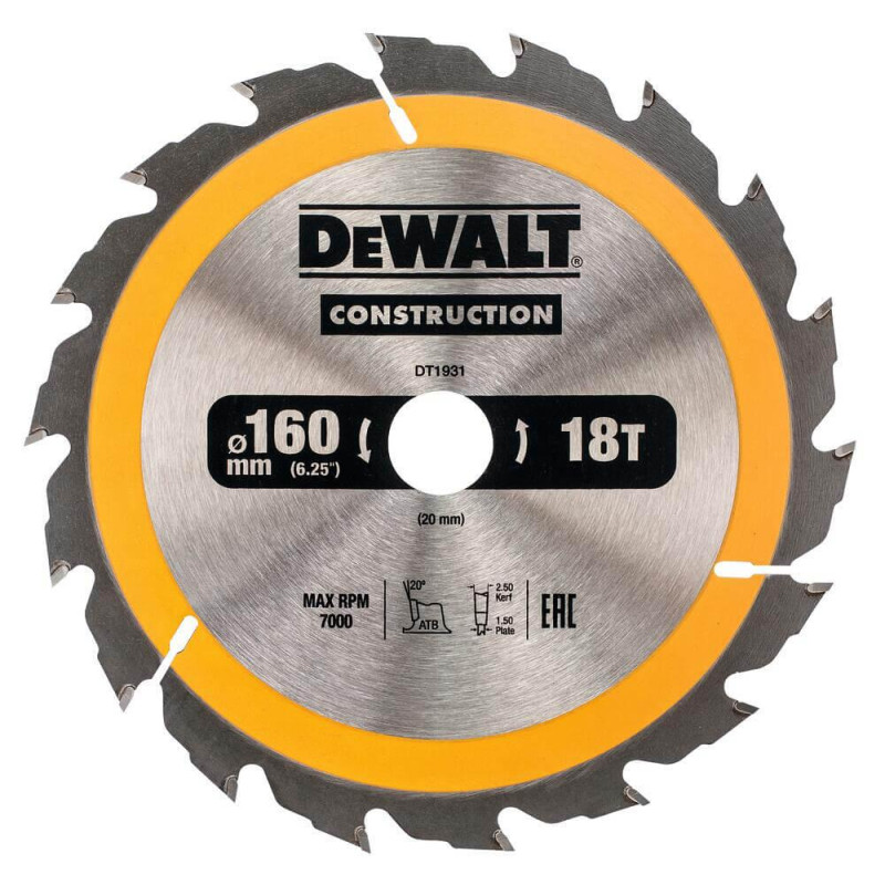 Пиляльний диск DeWALT DT1931 діаметр 165 мм 20 мм 18 зубів для деревини максимальні обороти 7000 об/хв