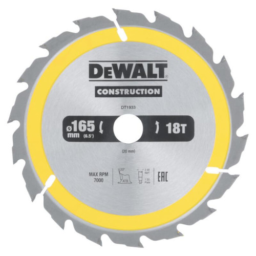 Диск пильний DeWALT DT1933 165 мм 20 мм 7000 об/хв для різання дерева з цвяхами ATB 2.4 мм ширина розпила