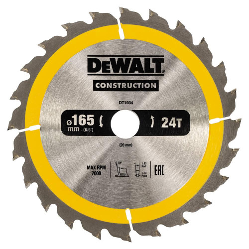 Пильний диск DeWALT DT1934 165 мм 24 зуба максимальні оберти 7000 об/хв товщина полотна 1.2 мм