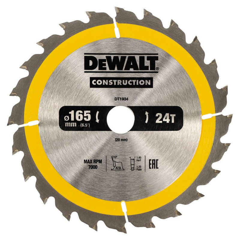 Пильний диск DeWALT DT1934 165 мм 24 зуба максимальні оберти 7000 об/хв товщина полотна 1.2 мм