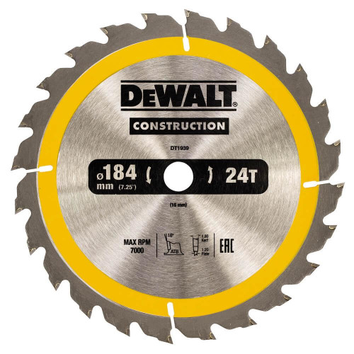 Пильний диск DeWALT DT1939 184 мм 16 мм 24 зуба 7000 об/хв для деревини і композитів