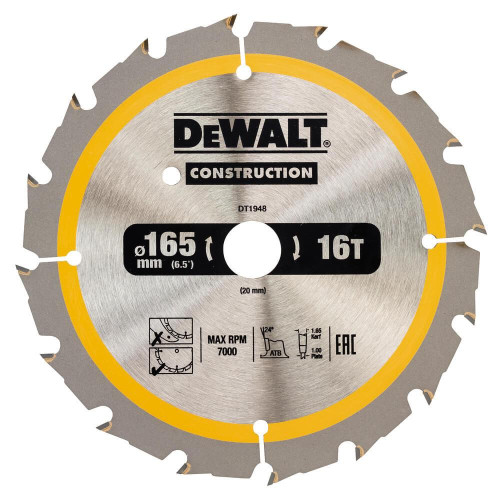 Диск пильний DeWALT DT1948 165 мм 20 мм 16 зубів 7000 об/хв для деревини з цвяхами