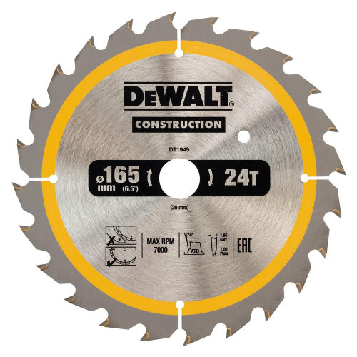Диск пильний DeWALT DT1949 165 мм 24 зуба для деревини з цвяхами максимальні обороти 7000 об/хв
