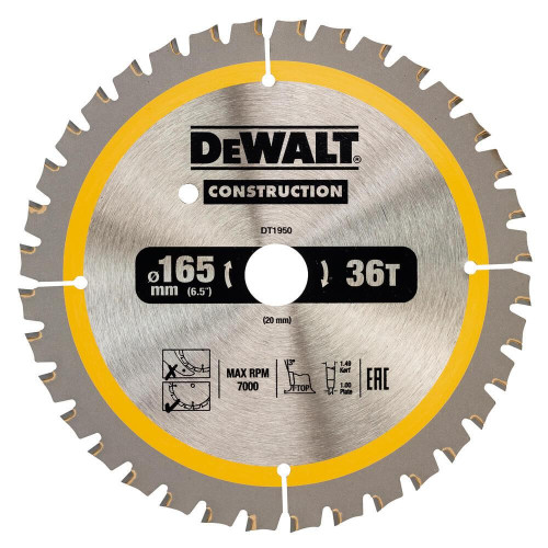 Диск пильний DeWALT DT1950 165 мм 20 мм 36 зубів 7000 об/хв для деревини з цвяхами