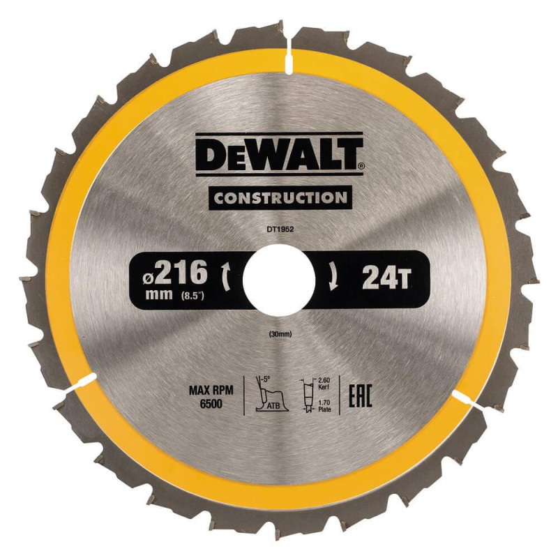 Диск пильний DeWALT DT1952 216 мм 30 мм 24 зуба 7000 об/хв для деревини з цвяхами