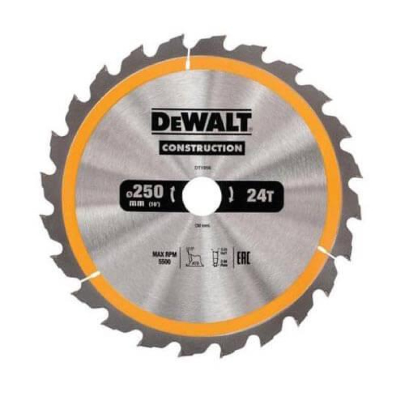 Пиляльний диск DeWALT DT1956 250 мм 24 зуба кут заточування 10 градусів для деревини та композитів