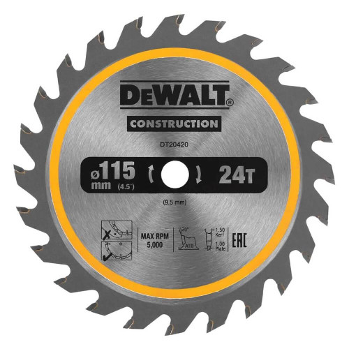 Пиляльний диск DeWALT DT20420 діаметр 115 мм 24 зуба для різання деревини до 5000 об/хв