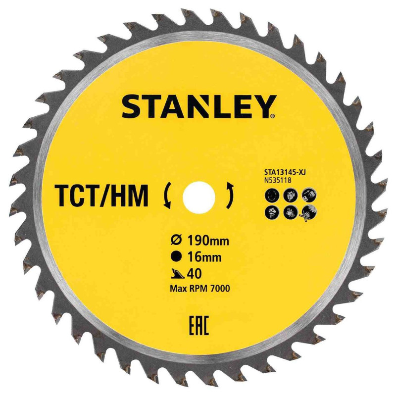 Диск пилковий TCT/HM STANLEY STA13145 діаметр 190 мм 40 зубів швидкість до 7000 об/хв