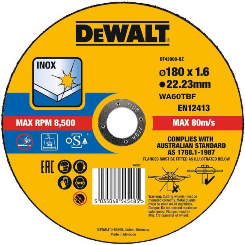 Круг відрізний DeWALT DT43908 180 мм товщина 1.6 мм для обробки нержавіючої сталі та листового металу