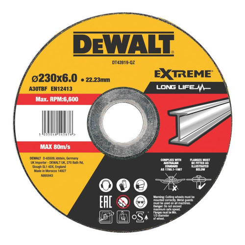 Круг шліфувальний DeWALT DT43919 230 мм товщина 6.0 мм посадка 22.23 мм для чорного та кольорового металу