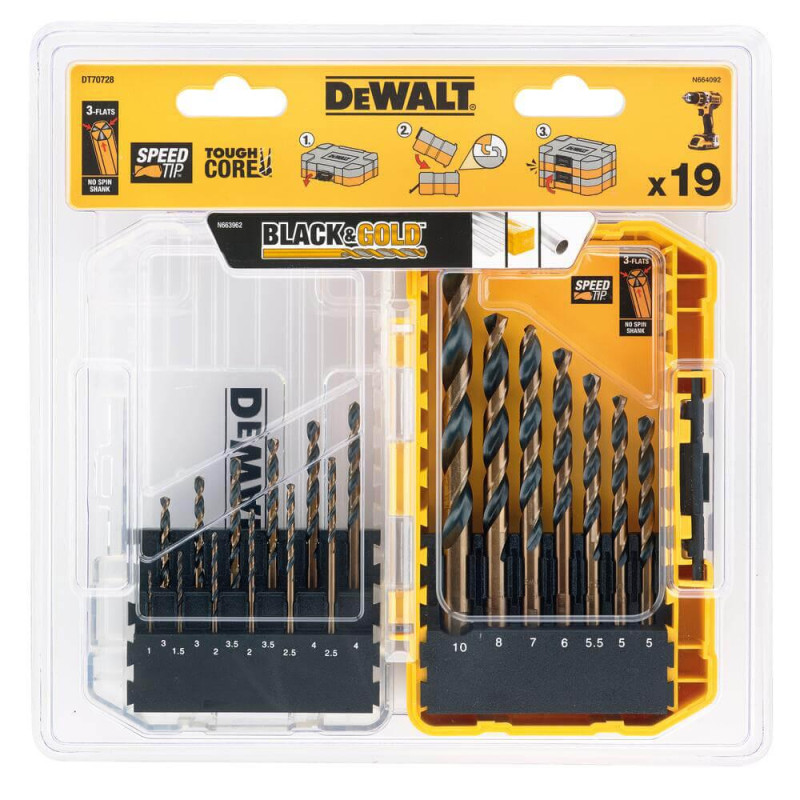 Набір свердел по металу DeWALT DT70728 19 шт HSS-G BLACK&GOLD пластиковий кейс Tough Case