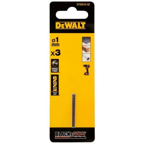 Свердло по металу DeWALT DT20510 1 мм 34 мм 3 шт BLACK&GOLD спиральное цилиндрический хвостовик