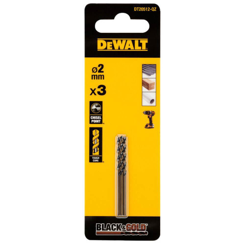 Свердло по металу Black & Gold DeWALT DT20512 діаметр 2 мм довжина 49 мм 3 шт в упаковці спіральне циліндричний хвостовик