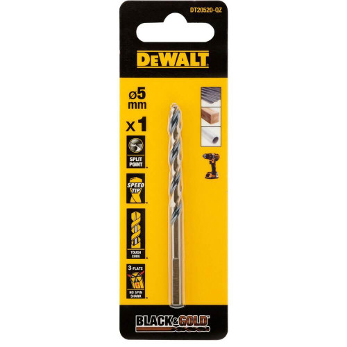Свердло по металу DeWALT DT20520 BLACK&GOLD діаметр 5 мм довжина 86 мм спіральне конусна сердцевина TOUGHCORE™