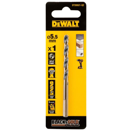 Свердло по металу Black & Gold DeWALT DT20521 діаметр 5.5 мм довжина 93 мм спіральне тип хвостовика фрезерований 3 фаски