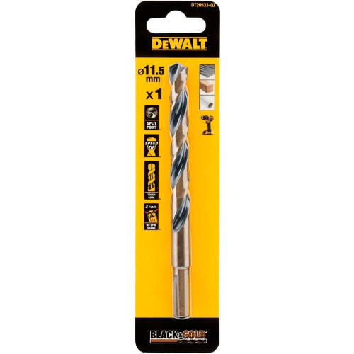Свердло по металу DeWALT DT20533 11.5 мм довжина 142 мм фрезерований хвостовик спіральне BLACK&GOLD