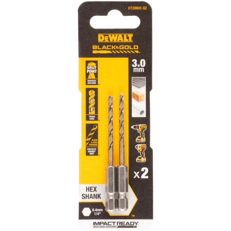 Свердло по металу DeWALT DT20602 диаметр 3 мм длина 72 мм серия BLACK&GOLD 2 шт в упаковке