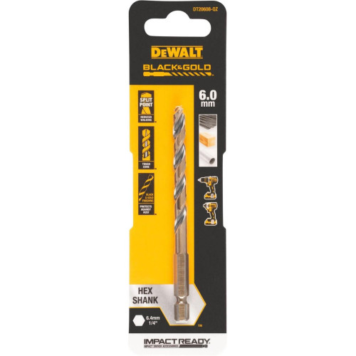 Свердло по металу DeWALT DT20608 6 мм діаметр 101.5 мм спіральне BLACK&GOLD SPEED TIP