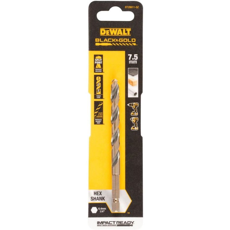 Свердло по металу DeWALT DT20611 Black & Gold діаметр 7.5 мм довжина 114 мм шестигранний хвостовик