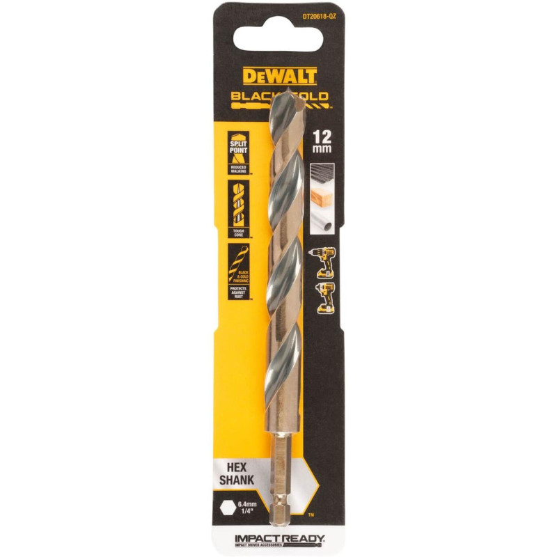 Свердло по металу DeWALT DT20618 12 мм довжина 144.9 мм BLACK&GOLD шестигранний хвостовик 1/4