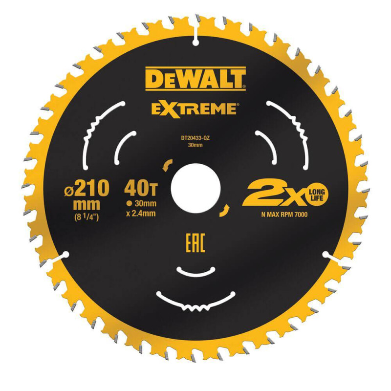 Пиляльний диск DeWALT DT20433 210 мм 40 зубів кут заточування 7 градусів ширина пропила 2.6 мм
