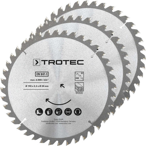 Диск пиляльний Trotec 190х20х2.2 HW40 Wood 40 зубів 3 шт для циркулярної пилки з твердосплавним матеріалом