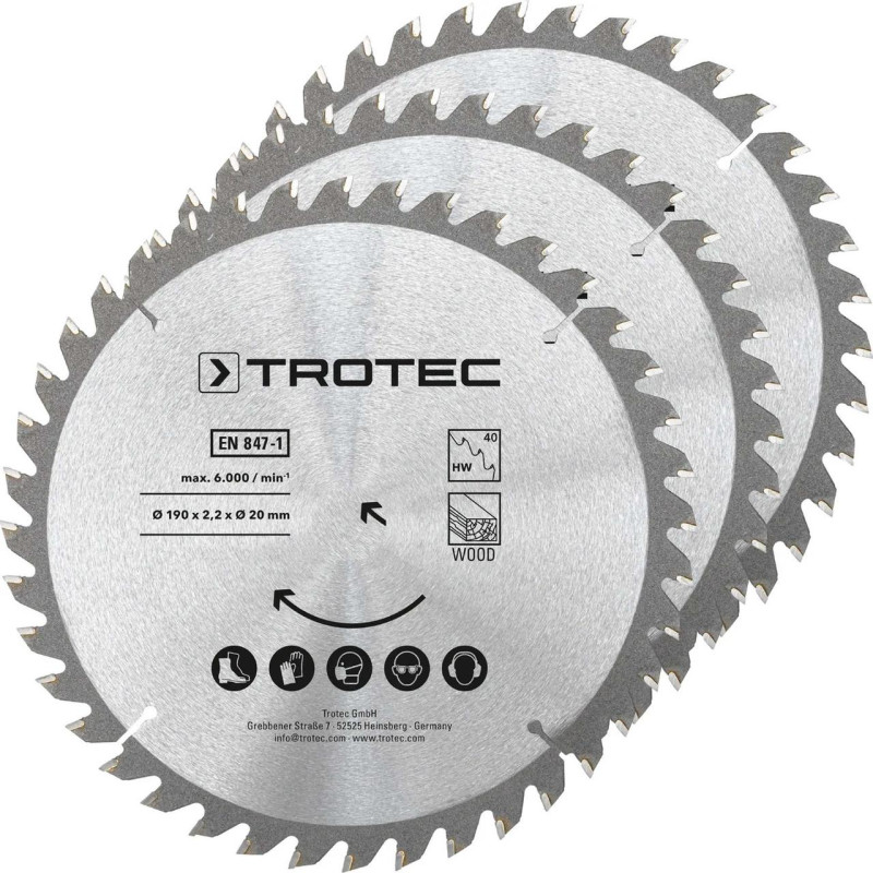Диск пиляльний Trotec 190х20х2.2 HW40 Wood 40 зубів 3 шт для циркулярної пилки з твердосплавним матеріалом