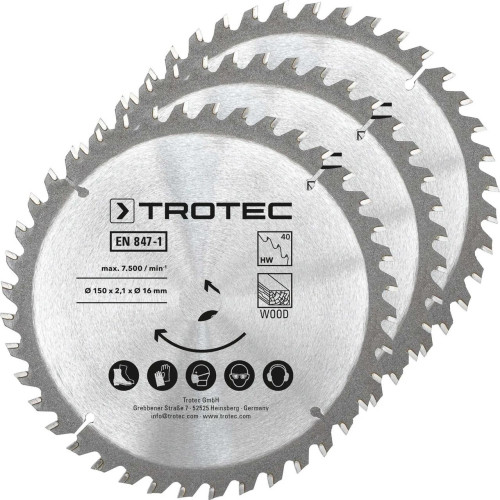 Диск пиляльний Trotec 150х16х2.1 HW40 Wood 40 зубів 3 шт для дерева твердосплавний максимальні оберти 7500 об/хв