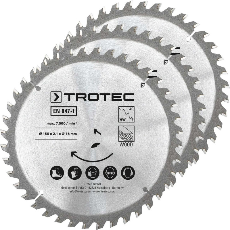 Диск пиляльний Trotec 150х16х2.1 HW40 Wood 40 зубів 3 шт для дерева твердосплавний максимальні оберти 7500 об/хв