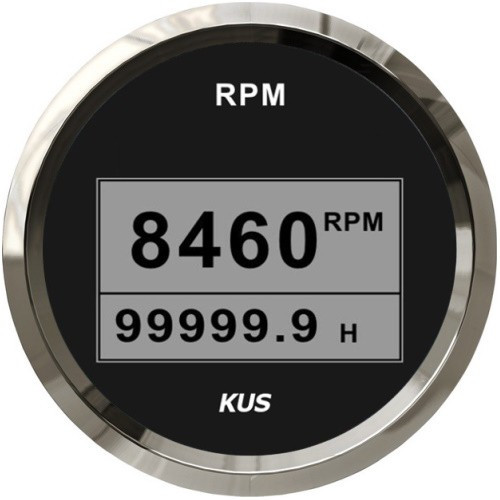 Тахометр KUS 8000RPM цифровий з лічильником мотогодин чорний нержавіюча сталь IP67 12/24 В врізний