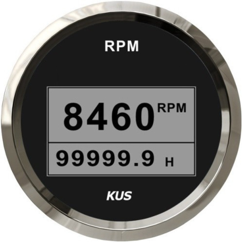 Тахометр KUS 8000RPM цифровий з лічильником мотогодин чорний нержавіюча сталь IP67 12/24 В врізний