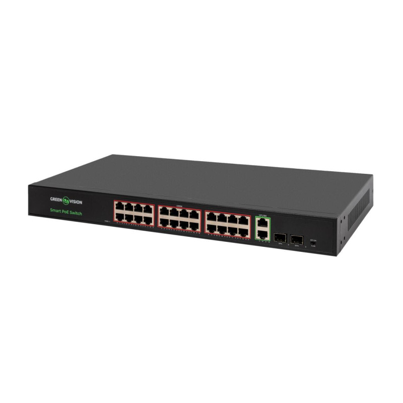 Комутатор мережевий POE GreenVision GV-023-D-24G+2PG+2SFP з 8 портами 10/100/BASE-T функція PoE+ 802.3af/at новий