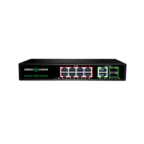Комутатор POE GreenVision GV-021-D-8G+2PG+2SFP 8 портів 10/100/BASE-T матеріал корпусу металлічний