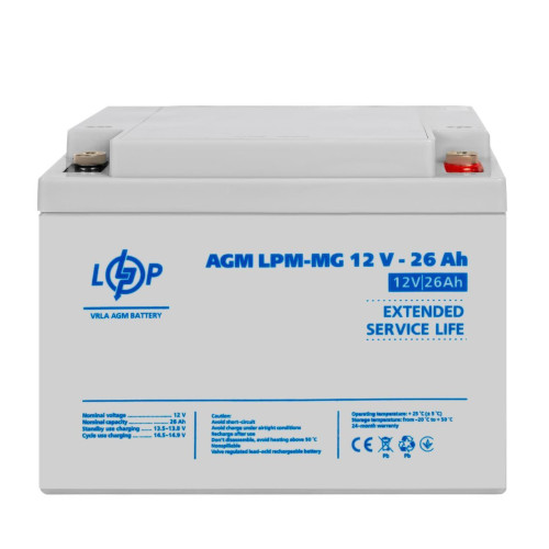 Акумулятор AGM мультигелевий LogicPower LPM-MG 12V 26 Ah під болт М5 стійкий до високих навантажень герметичний
