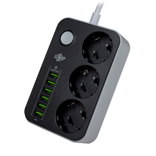 Мережевий фільтр LP F24U6 3 розетки 6 USB-портів потужність 2500 Вт довжина кабелю 1.6 м