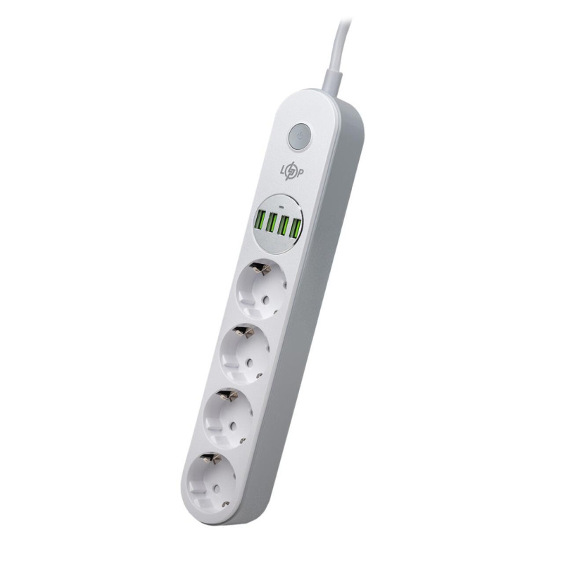 Мережевий фільтр LP F24U4 4 розетки 2500W 4 USB 5V/3.4A 2m з вимикачем і захистом від перевантаження