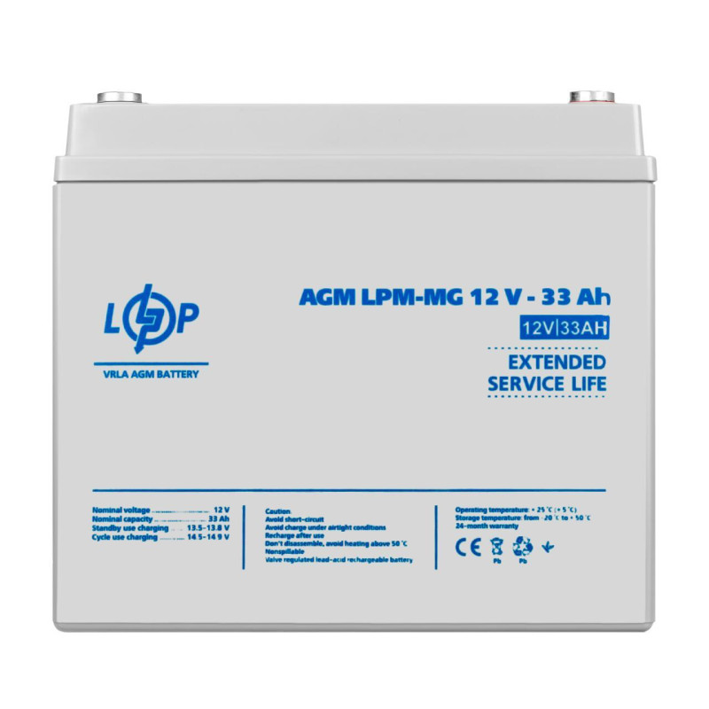 Акумулятор AGM мультигелевий LogicPower LPM-MG 12V 33 Ah праворуч вага 9.04 кг розміри 131x194x156 мм