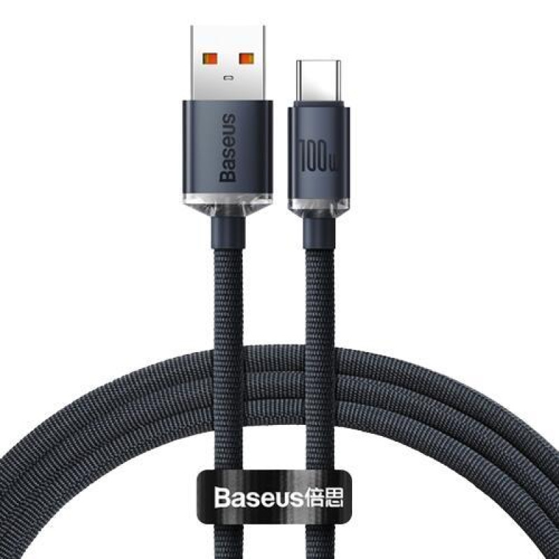 Кабель Baseus Crystal Shine USB 2.0 to Type-C 100W 1.2M чорний алюмінієвий корпус швидкість передачі 480 Мбіт/с
