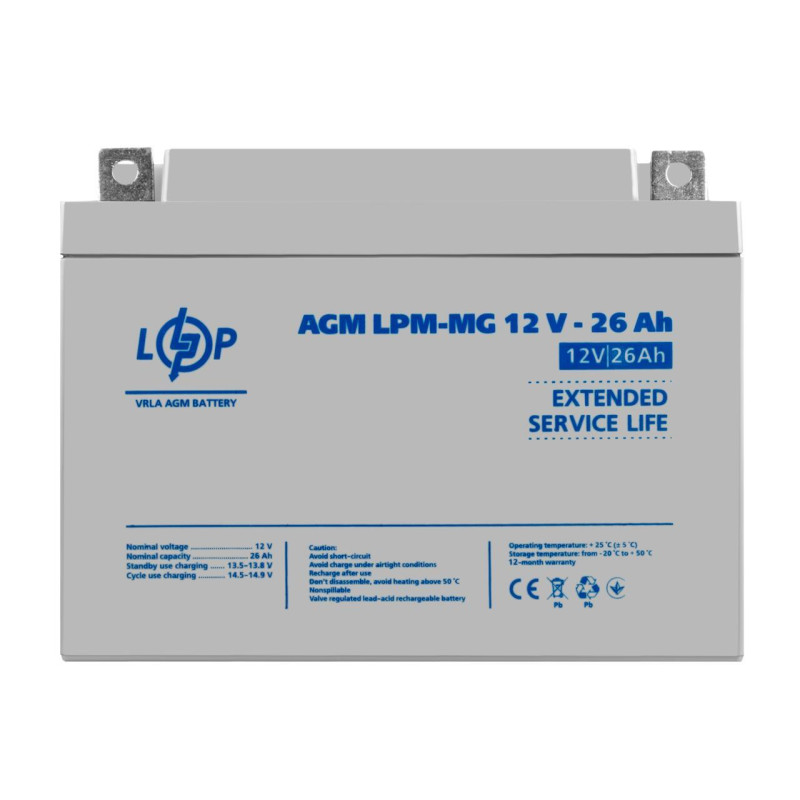 Акумулятор AGM мультигелевий LPM-MG 12V 26 Ah герметичний корпус високий ресурс циклів 800