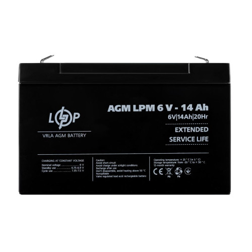 Акумулятор AGM LPM 6V 14 Ah новий пластикова оболонка 400 циклів зарядки відповідає -20°С до +50°С
