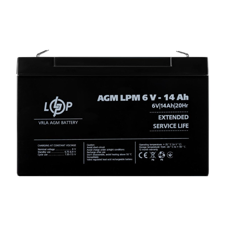 Акумулятор AGM LPM 6V 14 Ah новий пластикова оболонка 400 циклів зарядки відповідає -20°С до +50°С