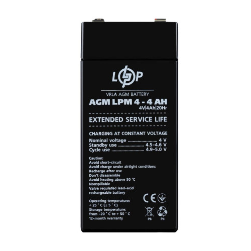 Акумулятор AGM LPM 4V 4 Ah новий пластик габарити 47x47x101 мм ресурс циклів 400