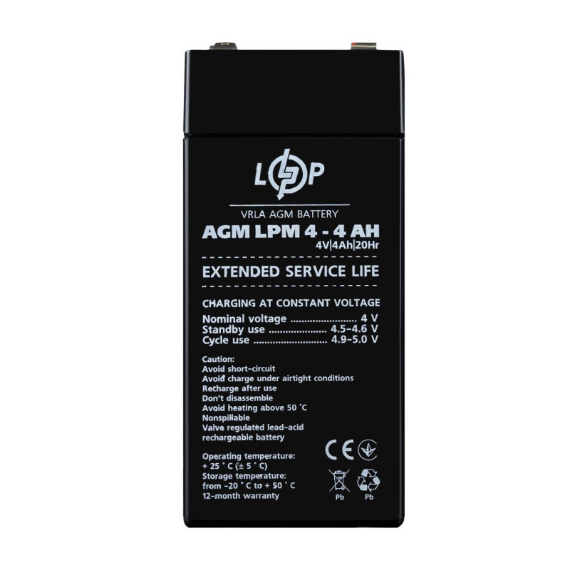 Акумулятор AGM LPM 4V 4 Ah новий пластик габарити 47x47x101 мм ресурс циклів 400