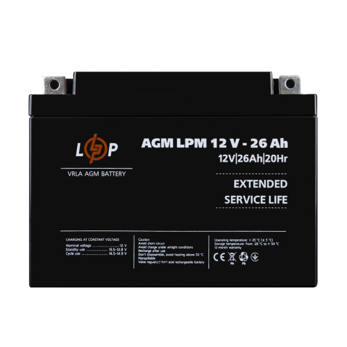 Акумулятор AGM LPM 12V 26 Ah з пластиковим корпусом циклічний ресурс 400 разів вага 7.5 кг