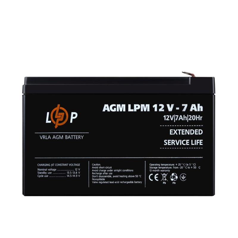 Акумулятор AGM LPM 12V 7 Ah новий 400 циклів зарядки пластик ширина 65 мм висота 94 мм