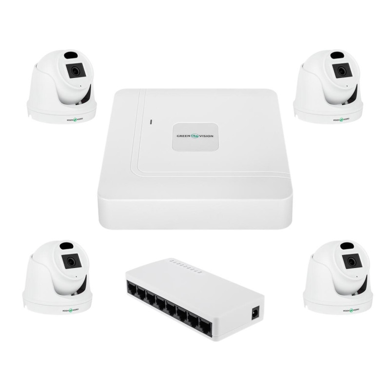 Комплект відеоспостереження GreenVision GV-IP-K-W96/4 3MP на 4 камери з роздільною здатністю 2048x1536 та нічним підсвічуванням д