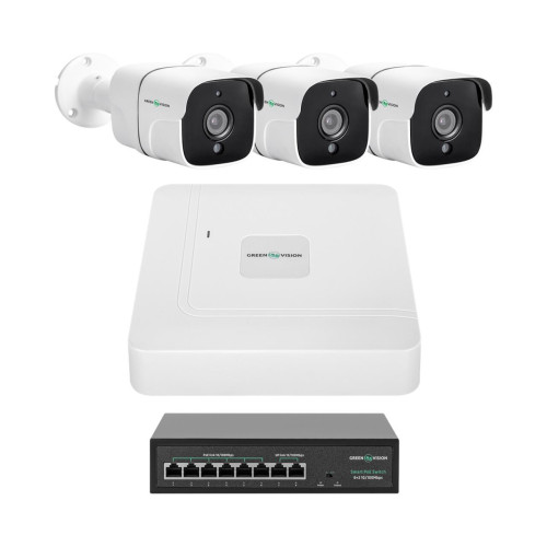 Комплект відеоспостереження GreenVision GV-IP-K-W86/03 5MP 3 камери 100 градусів з живленням POE