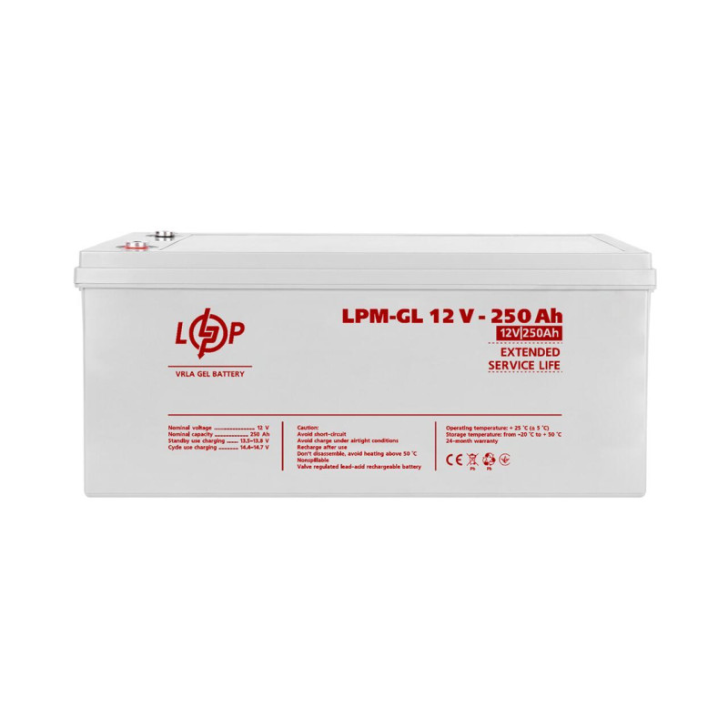 Акумулятор гелевий LPM-GL 12V 250 Ah висока ємність 1200 циклів заряду стійкість до температур від -20 до +50 градусів