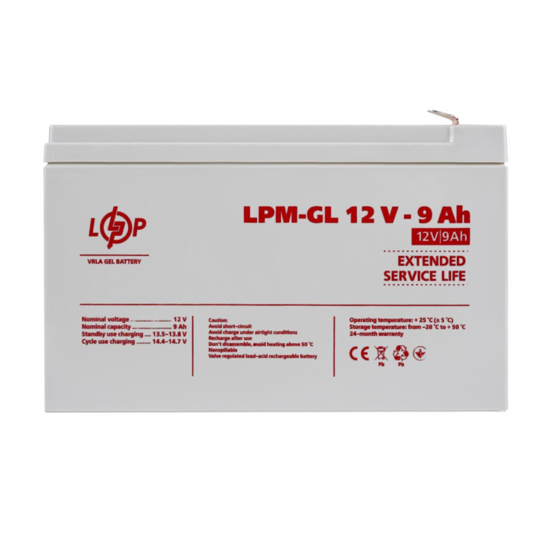 Гелевий акумулятор LPM-GL 12V 9 Ah 1200 циклів заряду пластиковий корпус висота 93 мм